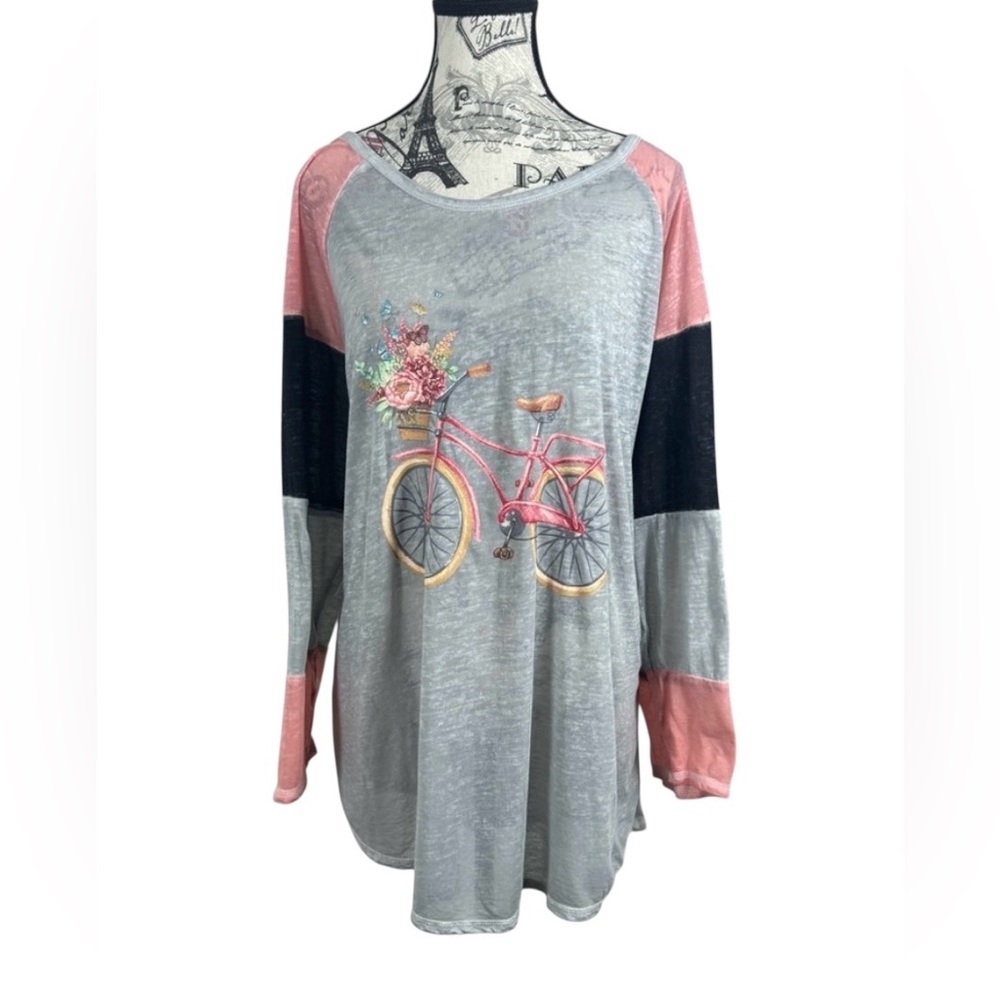 Cato Stylish Gray and Pink Bicycle Print Long Sleeve Top Size 18W/20W